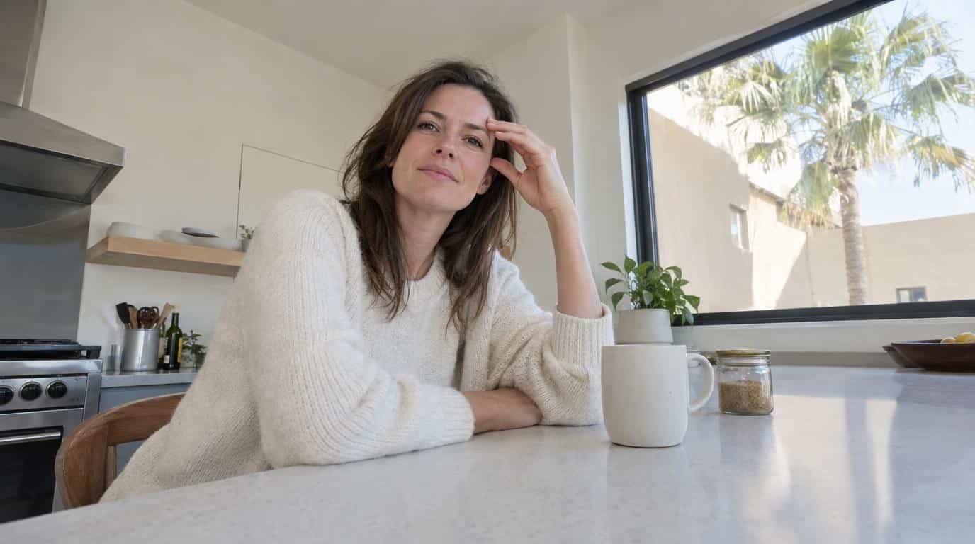 A woman with long brown hair in a cream sweater leans on a kitchen counter with her fingertips resting near her brow, beside a mug and a window with a palm tree outside.