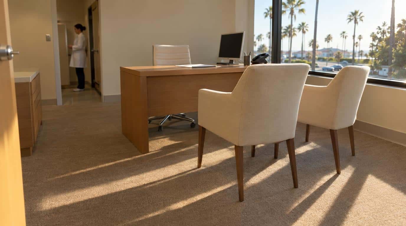 An empty consultation office with a wooden desk, two cream armchairs and a window overlooking palm trees, with a person in a white coat standing in a doorway in the background.